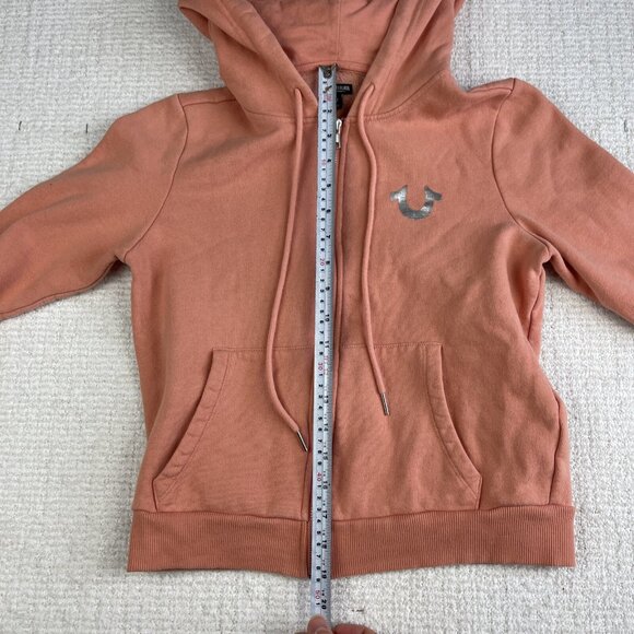 True religion Womens Sz XS Foil Silver Logo Buddha Full Zip Hoodie Pink - Picture 8 of 16